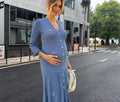 Damen Strickmaxikleid mit Knopfleiste und modischem V-Ausschnitt R&B