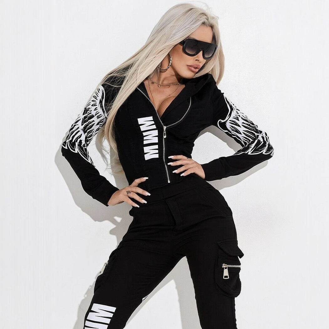 Damen nan stylisches zweiteiliges Kapuzen-Set mit tailliertem Reißverschluss-Hoodie und Cargo-Jogginghose R&B