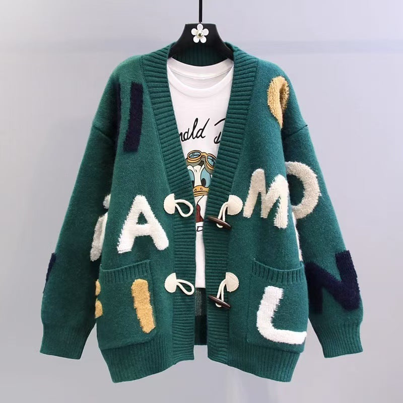 Damen Grobstrick-Cardigan mit bunten Applikationen und großen Taschen R&B