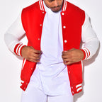 Herren Collegejacke mit kontrastierenden Ärmeln und Druckknopfverschlüssen R&B