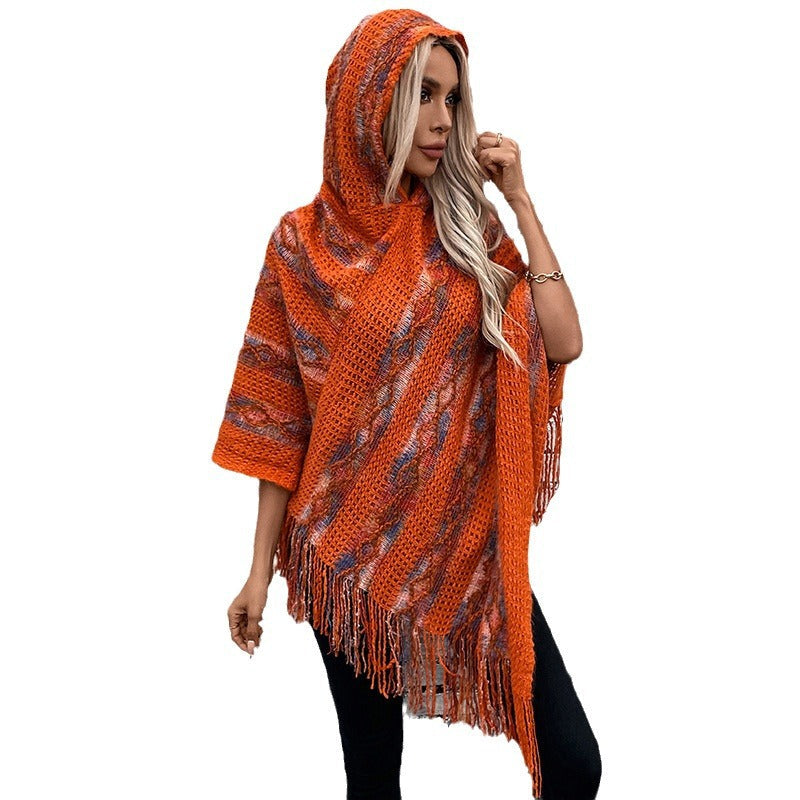 Damen Strickponcho mit Kapuze und fransigem Design