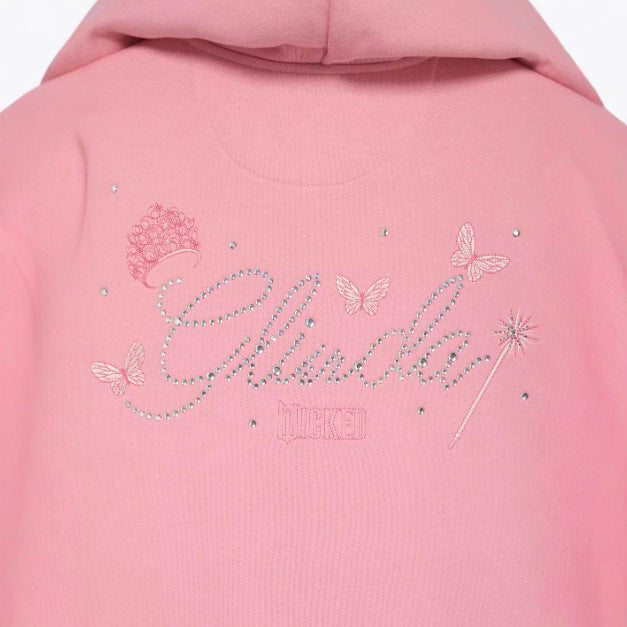 Damen nan Rüschen-Kapuzen-Sweatjacke mit Ballonärmeln und Strasslogo R&B