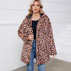 Damen Flauschige Jacke mit modernem Leopardenmuster und bequemen Taschen R&B