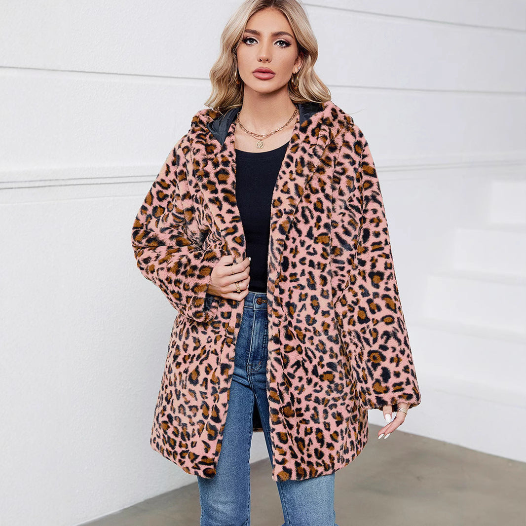 Damen Flauschige Jacke mit modernem Leopardenmuster und bequemen Taschen R&B