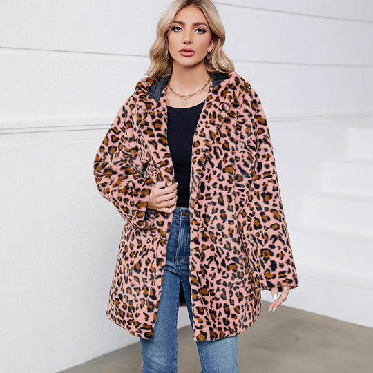 Damen Flauschige Jacke mit modernem Leopardenmuster und bequemen Taschen R&B