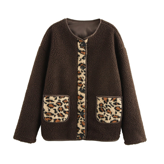 Damen kuschelige Teddyjacke mit tierischem Muster und praktischen Pattentaschen R&B
