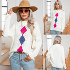 Damen Strickpullover mit modernem Rautenmuster und Zopfmuster R&B
