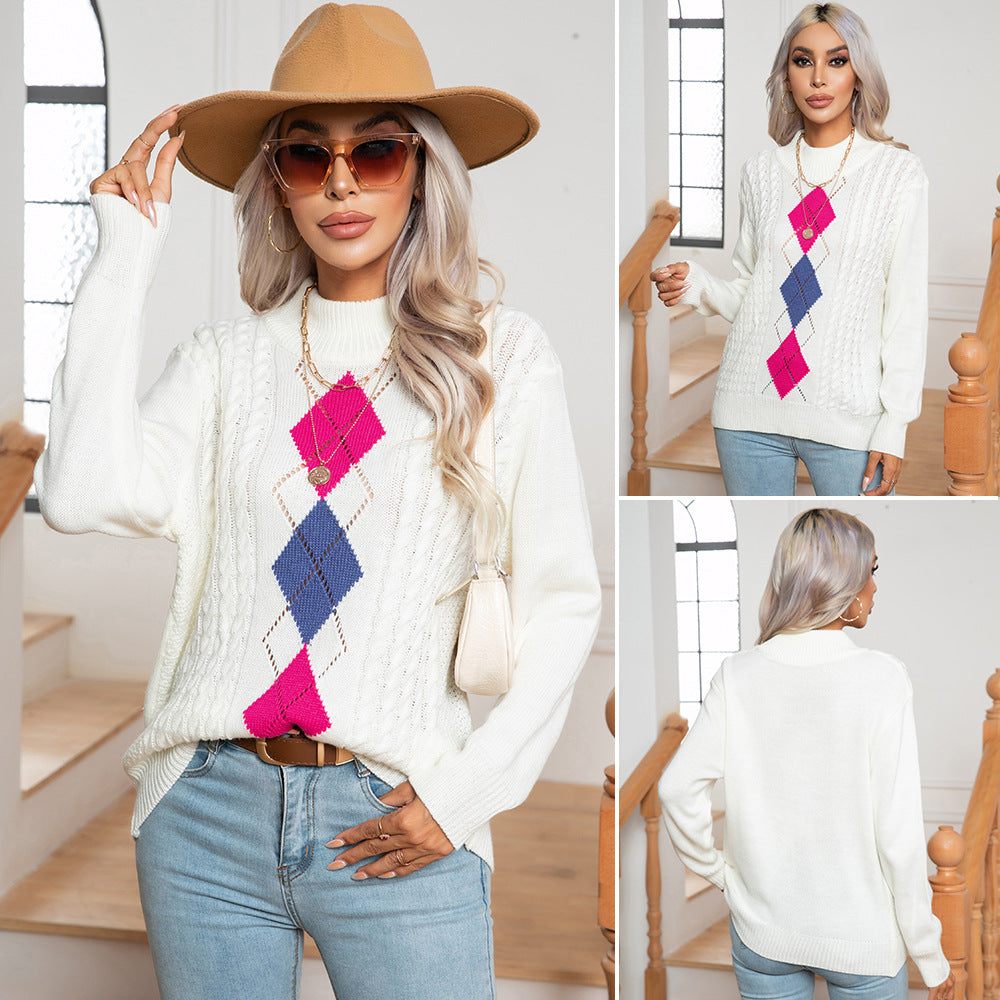 Damen Strickpullover mit modernem Rautenmuster und Zopfmuster R&B