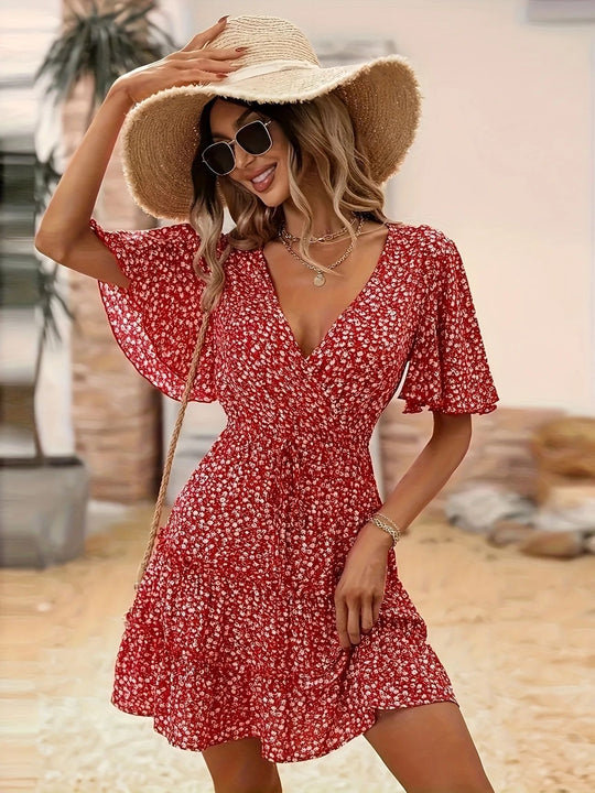 Damen Kurzes Kleid mit Raffung und weiten Ärmeln R&B