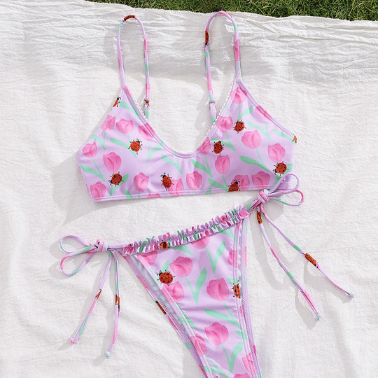 Damen Triangel-Bikini mit buntem Blütenmotiv und verstellbaren Bindebändern R&B