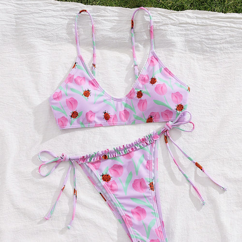 Damen Triangel-Bikini mit buntem Blütenmotiv und verstellbaren Bindebändern R&B