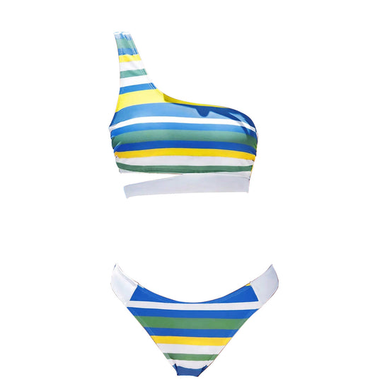 Damen One-Shoulder-Bikini mit trendigem Streifenmuster R&B
