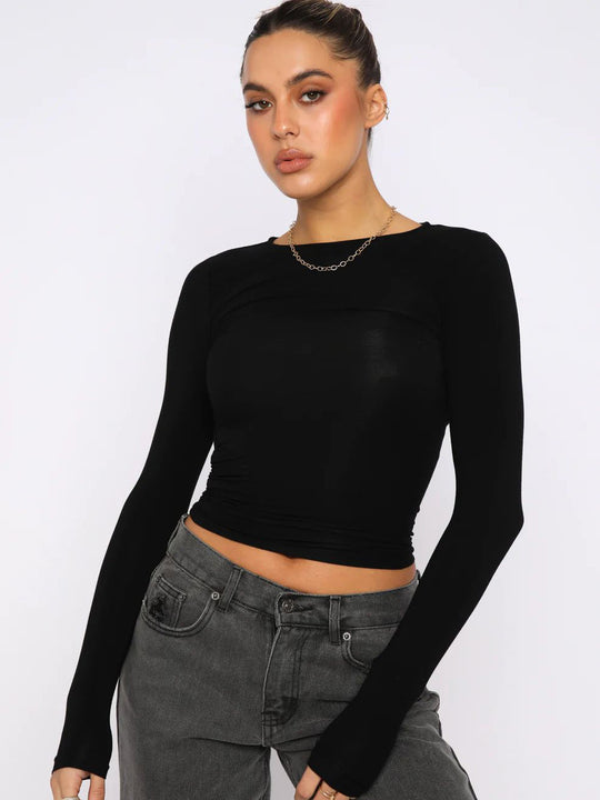 Damen modisches Langarm-Crop-Top mit Raffung R&B