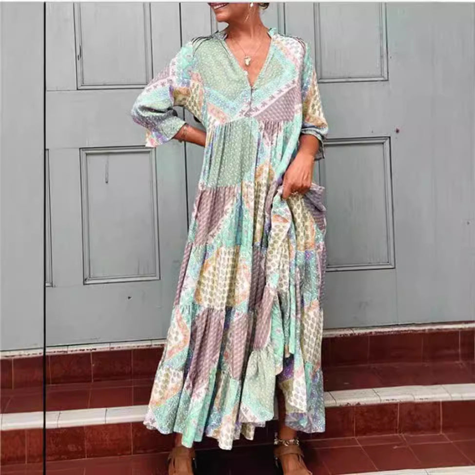 Damen nan Patchwork-Stufenmaxikleid mit V-Ausschnitt, teilweiser Knopfleiste, geraffter Passe und seitlichen Eingrifftaschen R&B