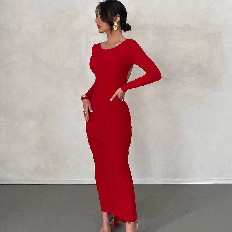 Damen Elegantes figurbetontes Maxikleid mit langen Ärmeln und Rundhalsausschnitt R&B