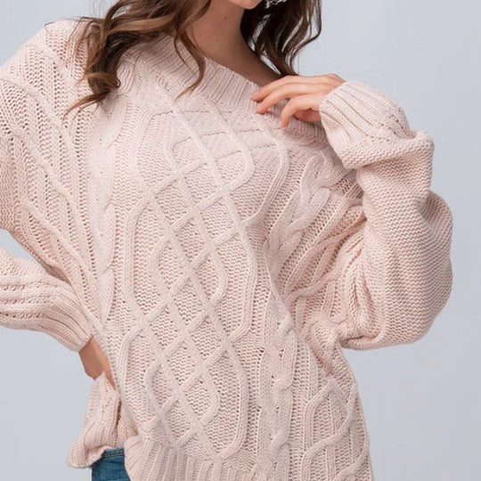 Damen Grobstrickpullover mit asymmetrischem Ausschnitt und Zopfmuster R&B