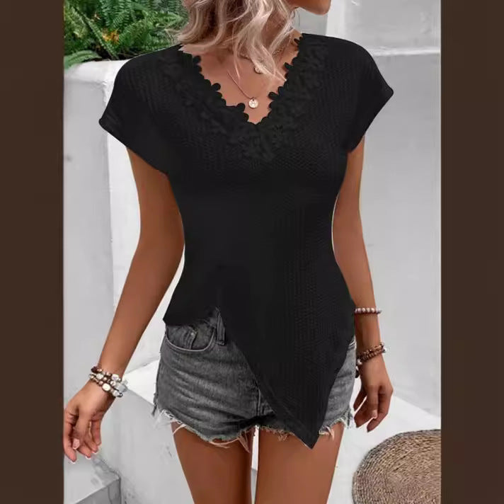 Damen V-Ausschnitt T-Shirt mit Blumenapplikation und asymmetrischem Schnitt R&B