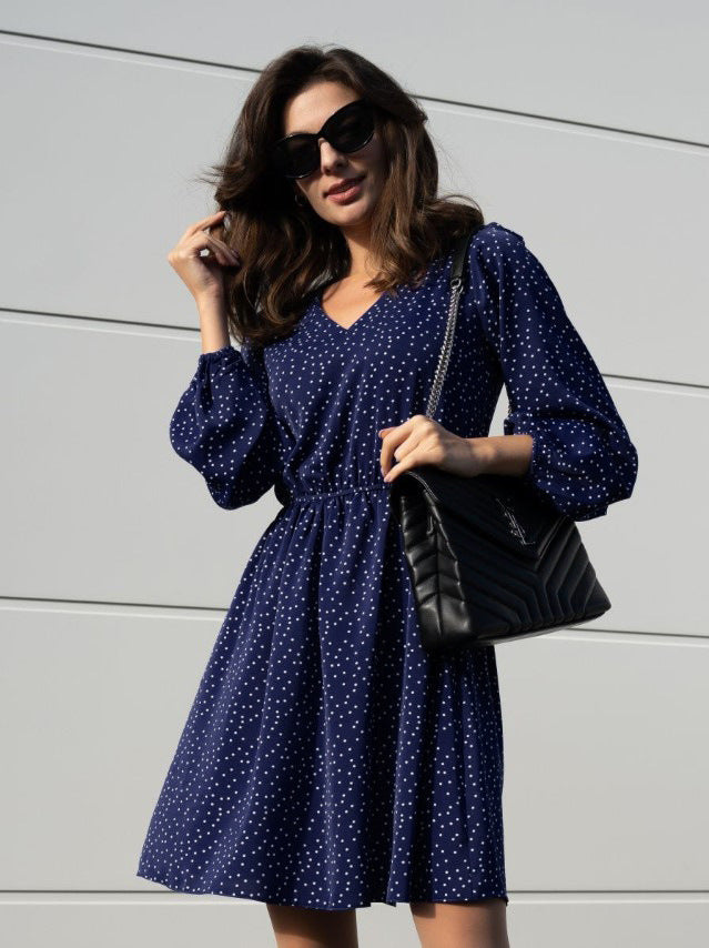 Damen Freizeitkleid mit V-Ausschnitt und Puffärmeln R&B