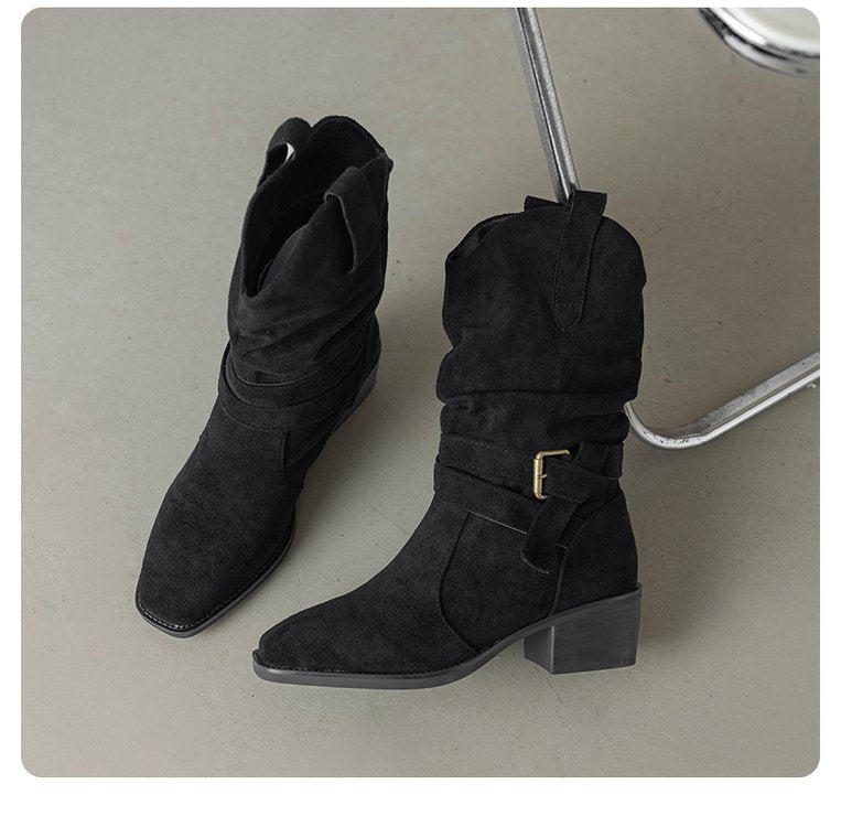 Damen Stiefeletten im Western-Stil mit modischem Riemen und Blockabsatz R&B