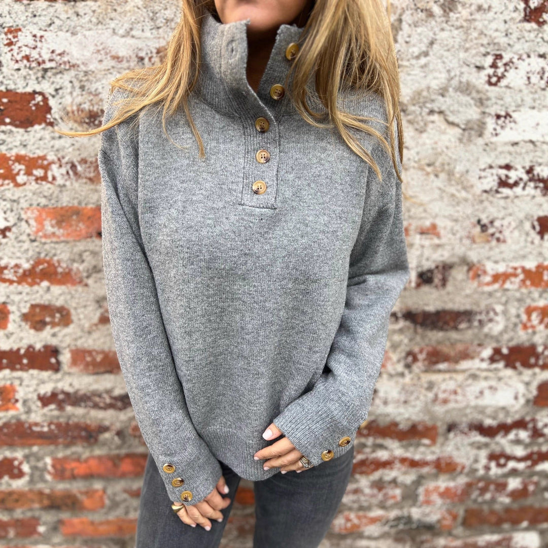 Damen modischer Strickpullover mit Knopfdetails und hohem Kragen R&B