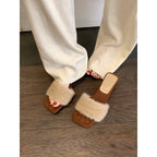 Damen Slipper mit luxuriösem Kunstfell und elegantem Blockabsatz R&B
