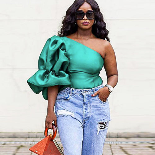 Damen Bluse mit asymmetrischem Schnitt und voluminösen Puffärmeln R&B