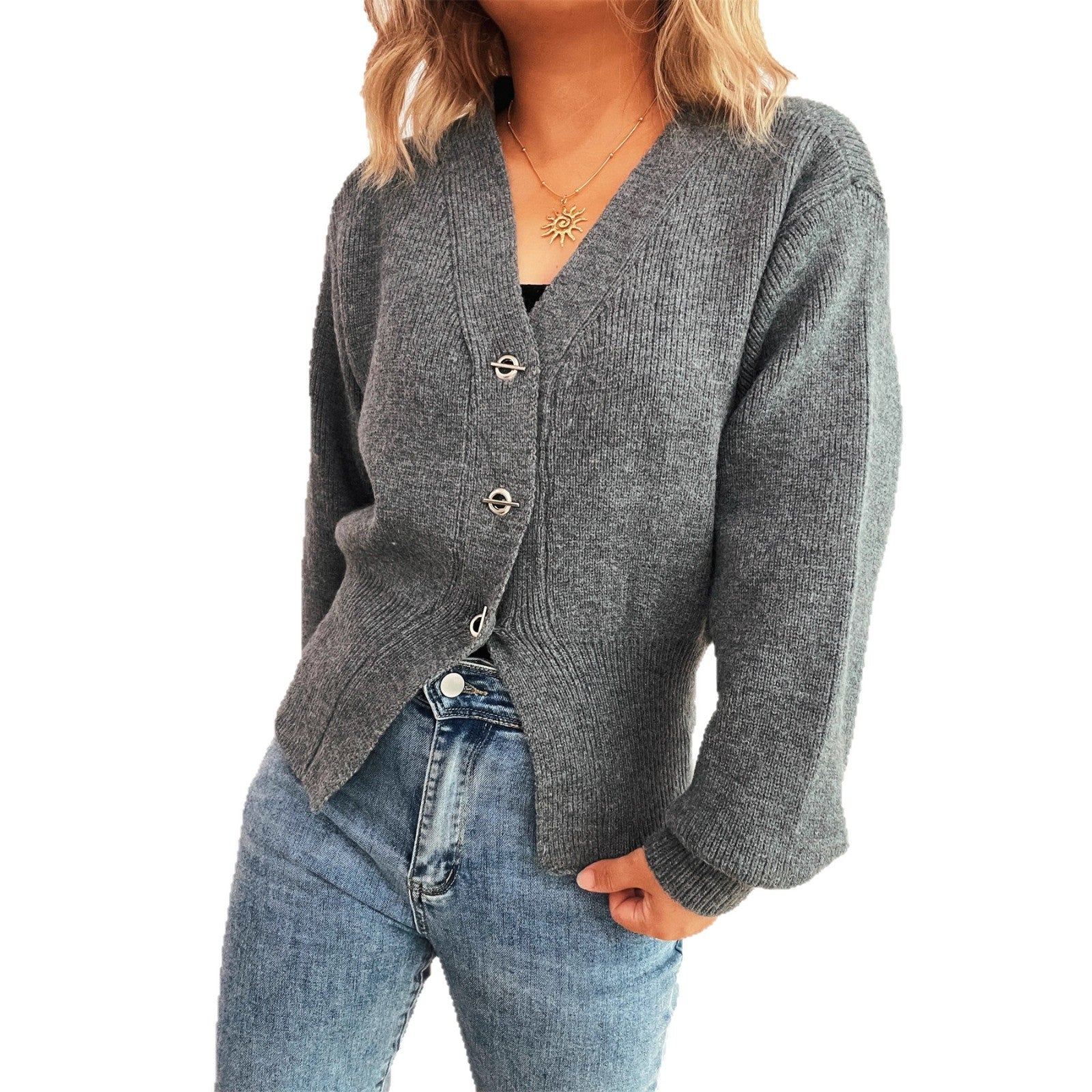 Damen leichte Strickjacke mit tiefem V-Ausschnitt und dekorativen Knöpfen R&B