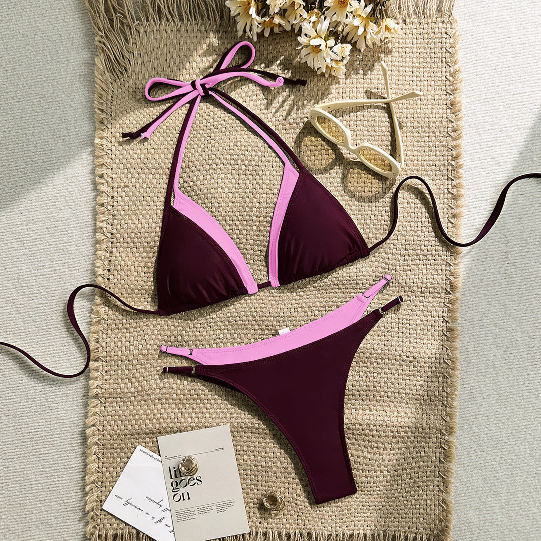 Damen Triangel-Bikini mit verstellbaren Trägern und kontrastrierendem Farbdesign R&B
