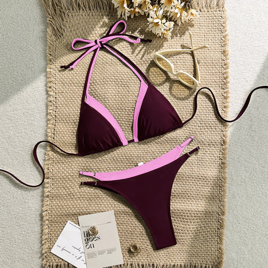 Damen Triangel-Bikini mit verstellbaren Trägern und kontrastrierendem Farbdesign R&B