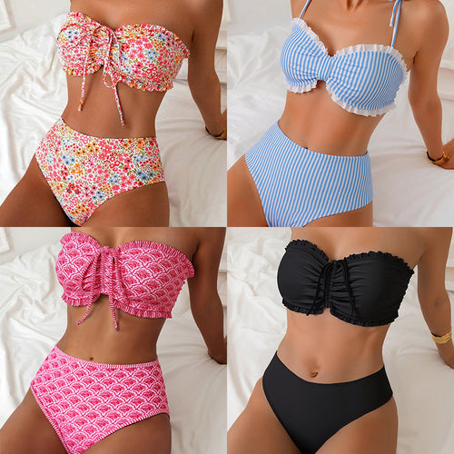 Damen Bandeau-Bikini mit voluminösen Rüschendetails und hohem Bund R&B