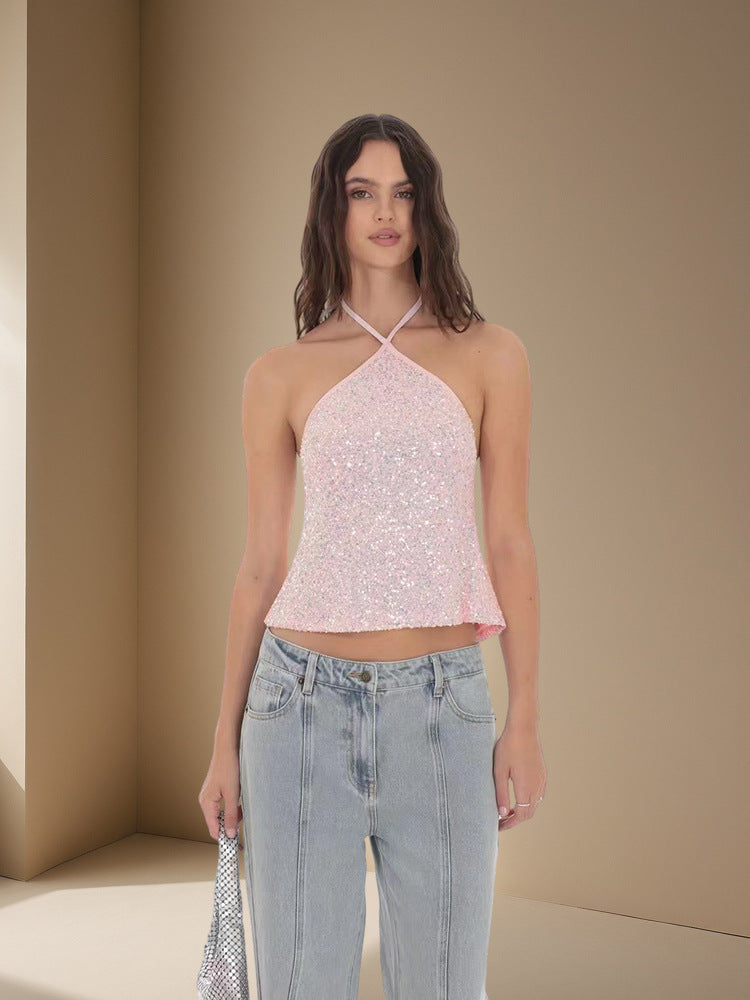Damen Funkelndes Neckholder Top mit schimmernden Pailletten R&B