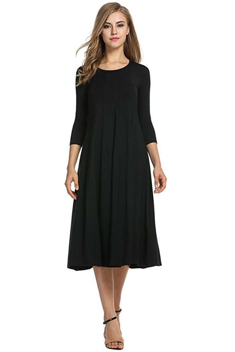 R&B | Quadrat-Ausschnitt 3/4-Lange Uni-Farbe Midi-Kleid