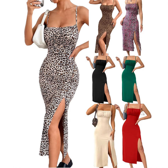 Damen figurbetontes Maxikleid mit elegantem Schlitz und schmalen Spaghetti-Trägern R&B