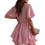 Damen luftiges Wickelkleid mit V-Ausschnitt und schwingendem Rock R&B
