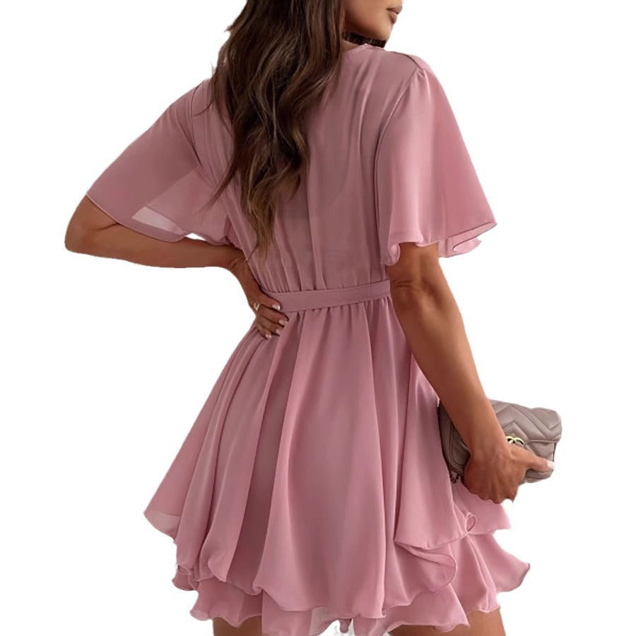 Damen luftiges Wickelkleid mit V-Ausschnitt und schwingendem Rock R&B