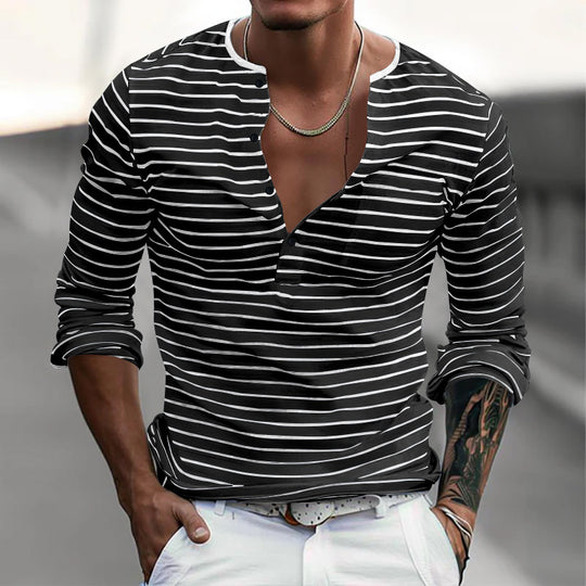 Herren nan gestreiftes Langarmshirt mit kurzer Knopfleiste, Rundhalsausschnitt und dezenter Brusttasche R&B
