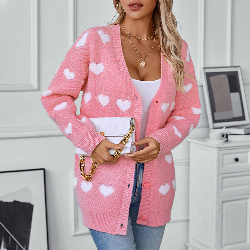 Damen gemütliche Strickjacke mit Herzmuster und V-Ausschnitt R&B