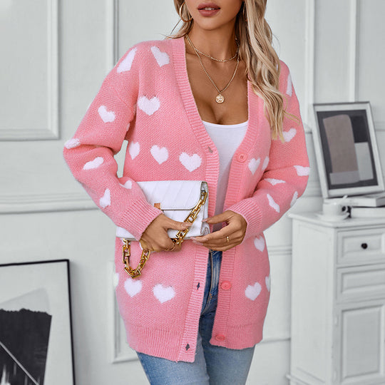 Damen gemütliche Strickjacke mit Herzmuster und V-Ausschnitt R&B