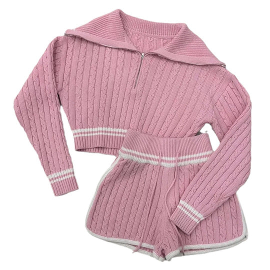 Damen Cropped Strickpullover mit hohem Kragen und Shorts im Set R&B