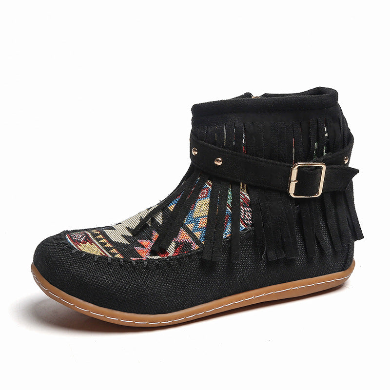 Damen Fransen-Short-Boots aus hochwertigem Stoff mit buntem Ethno-Muster R&B