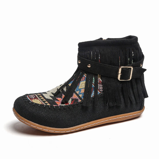 Damen Fransen-Short-Boots aus hochwertigem Stoff mit buntem Ethno-Muster R&B
