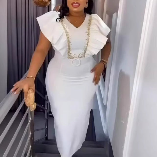 Damen Elegantes Maxikleid mit dekorativen Rüschen und schimmerndem Gürtel R&B