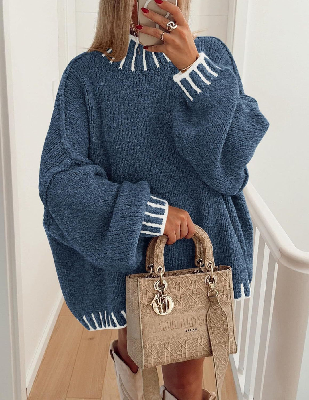 Damen lässiger Grobstrickpullover mit modernem Streifenmuster R&B