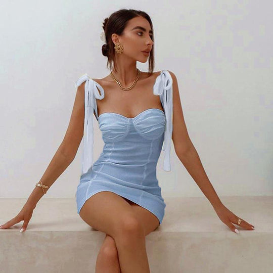 Damen Figurbetontes Minikleid mit trägerloser Bustier-Optik und charmanten Schleifen R&B