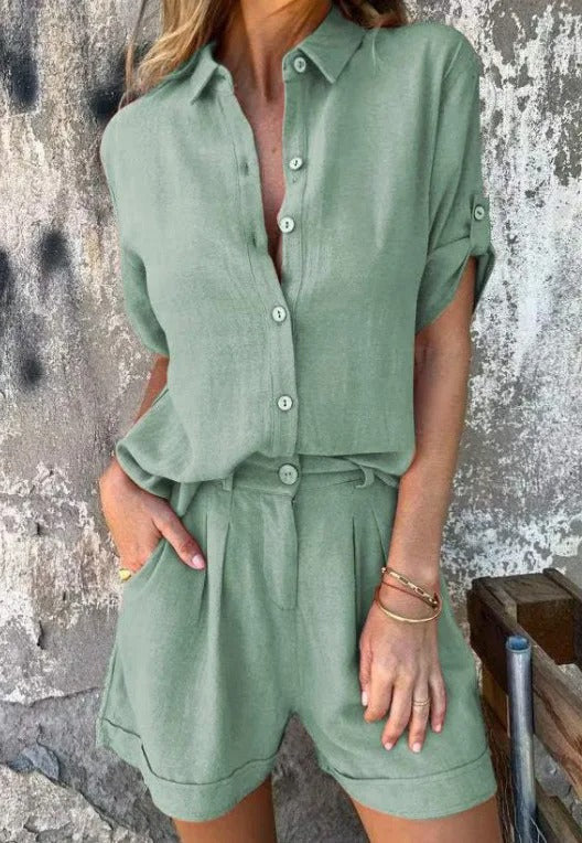 Damen Kurzoverall mit elegantem Hemdkragen und Taillengürtel R&B