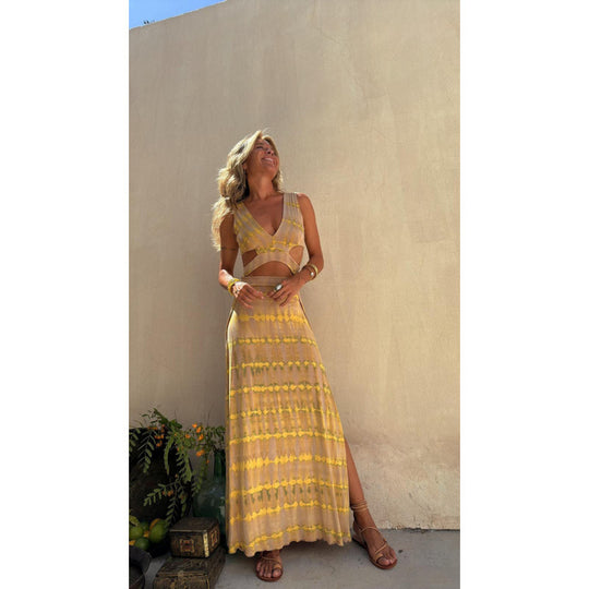 Damen Lang kleid mit tiefem V-Ausschnitt und modischem Cut-Out R&B