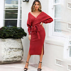 Damen Strickkleid mit Wickeloptik und seitlichem Schlitz