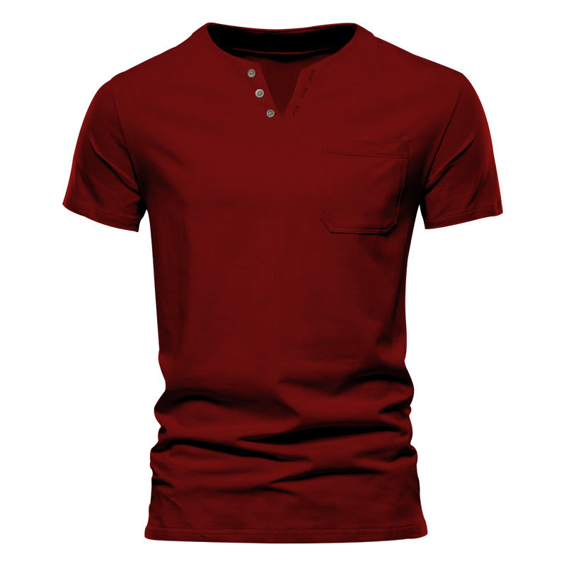 Herren Kurzarm-Henley-T-Shirt mit praktischer Brusttasche und anpassbarem Knopfverschluss R&B