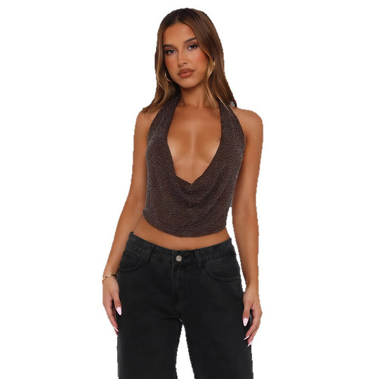 Damen Cowl-Neck Top mit funkelnder Gestaltung und tiefem Ausschnitt R&B