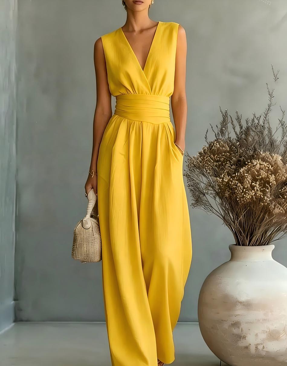 R&B | Eleganter Ärmelloser Jumpsuit mit Tiefem V-Ausschnitt, Taillenbund und Weitem Bein